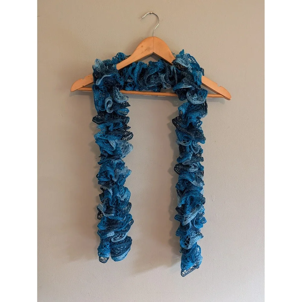 Vintage Y2K Blue Ombre Ruffle Scarf Metallic Silver Shimmer Mesh Knit Sash